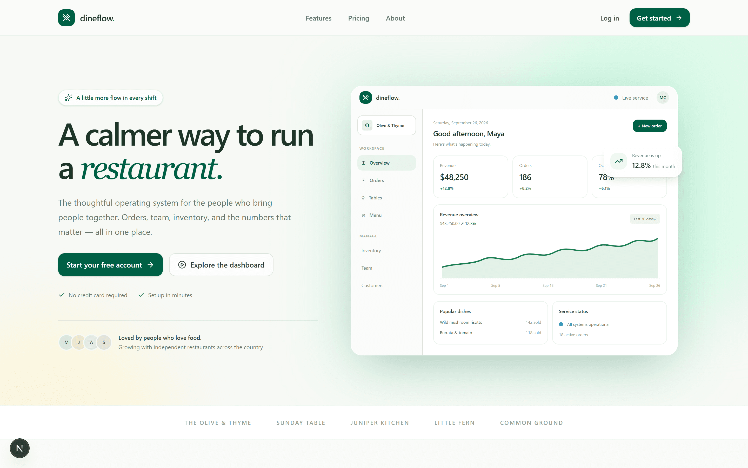 DineFlow landing page with a live dashboard preview